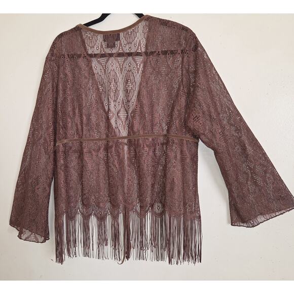Vintage Lace Cardigan Kimono Top Sz 18/20 Medium Brown Fringe Boho Hippie USA - Picture 7 of 16